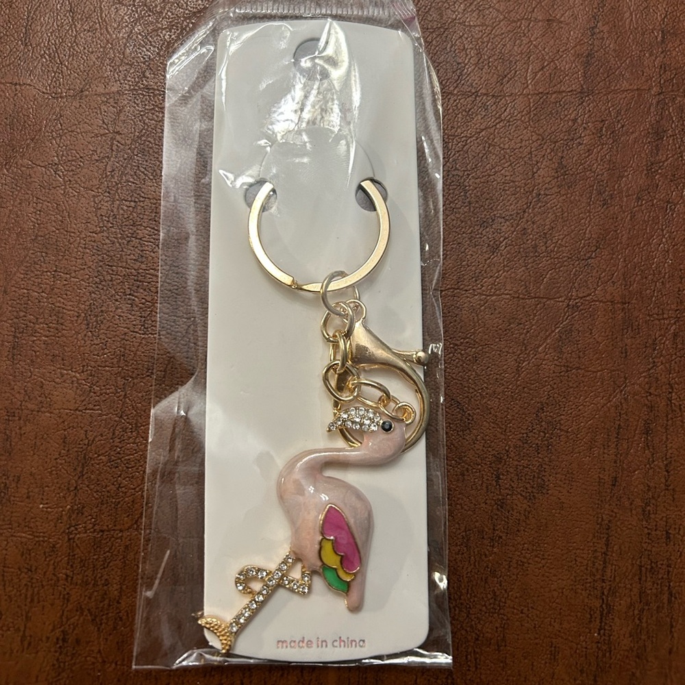 Pink Flamingo Keychain/Purse Charm with Gold Accents